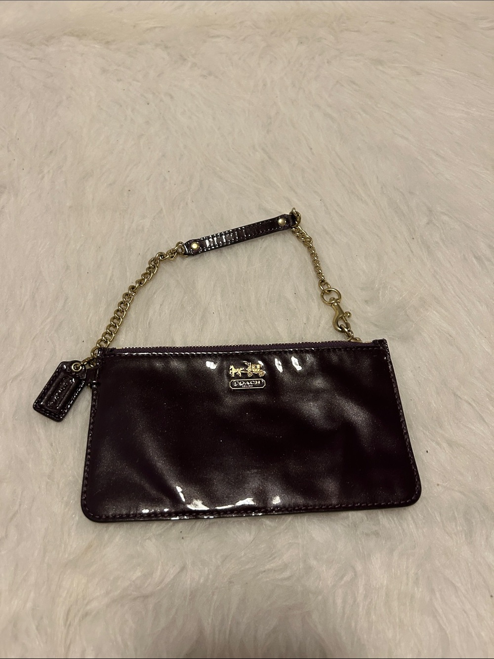 Coach Patent Leather Wristlet in Deep Plum with Gold Chain